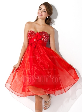Imperium Sweetheart Kne-lengde Organza Satin Ballkjole med Perlebesydd Blomst(er) Sløyfe (r)