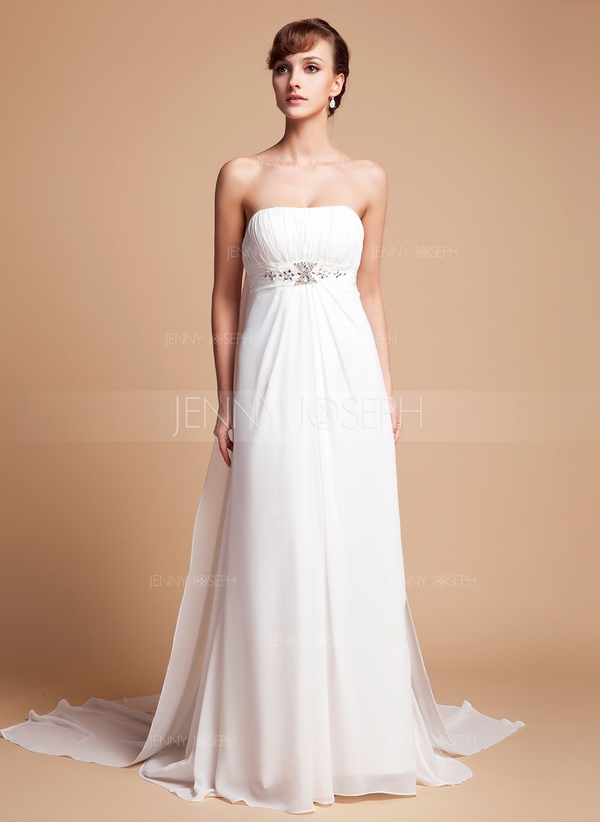 Impero Senza spalline Coda a strascico Watteau Chiffona Abito per matrimonio con Increspature Perlin