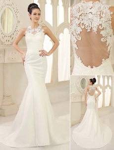 Ivory Mermaid Backless Jewel Neck Lace Sweep Satin Wedding Dress