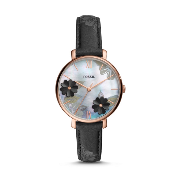 Jacqueline Three-Hand Black Leather Watch