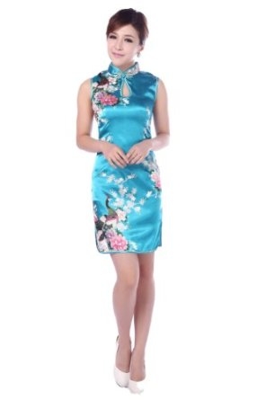 JTC Women's Chinese Silk Print Flower Short Cheongsam 1-Piece Dress
