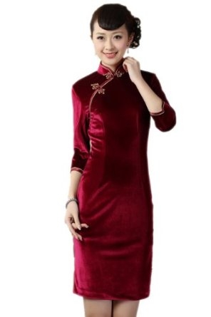 JTC Womens Solid Color Velvet Cheongsam Half Sleeve Short Qipao