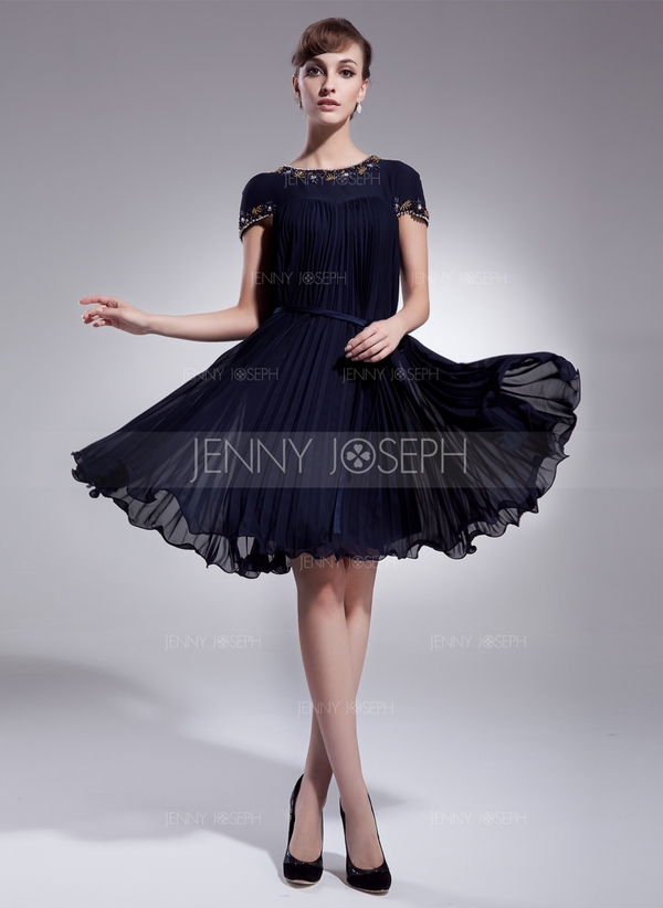 Knielang Chiffon Charmeuse Ballkleid mit Rüschen Perlen verziert Schleife