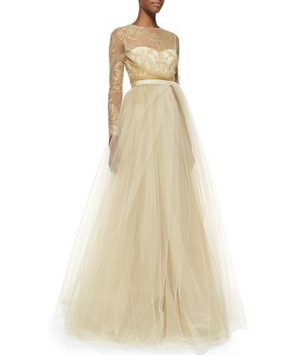 Lace-Overlay Ball Gown with Tulle Skirt