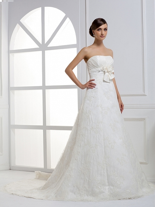 Lace & Taffeta Princess Strapless Empire Floor Length With Flowers Wedding Dress