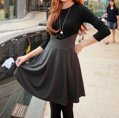 Ladylikle Round Collar Color Matching High Waist Long Sleeves Dress 