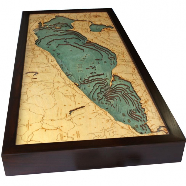 Laser-cut Bathymetric Chart of Lake Erie in Baltic Birch Wood - Image 2