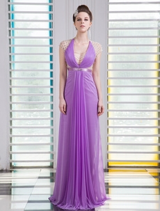 Lavender V-Neck Pleated Sheath Short Sleeves Chiffon Evening Dress