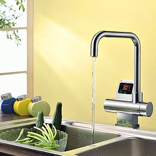 LED Digital Display Contemporary Style Thermostatic Kitchen Faucet - Chrome Finish-- FaucetSuperDeal