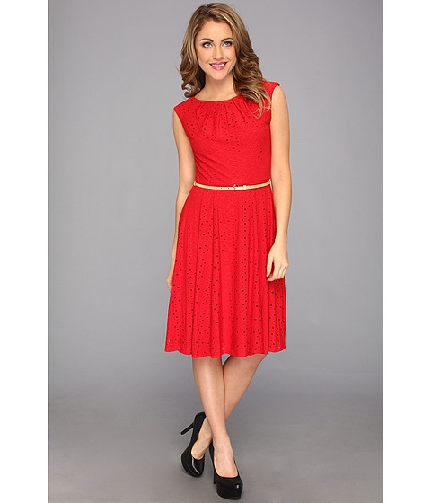London Times Pleated Neck w/ Belt Fit & Flare Dress