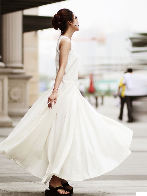 Long Maxi Dress - Summer Dress in White- Linen Bridemaid Dress-Sleeveless 