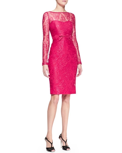 Long-Sleeve Bow-Waist Lace Sheath Dress