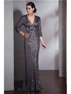Luxurious Sequins Column V-Neck Floor Length Prom Dress