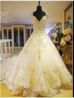 Luxury A-line Floor-length Cathedral Train V-Neck Beading Wedding Dress