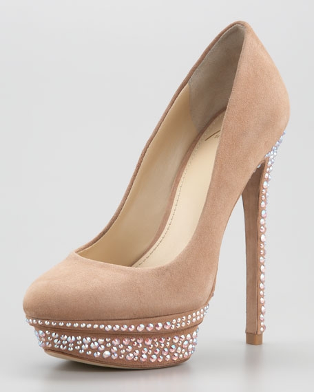 Crystal-Detail Suede Platform Pump