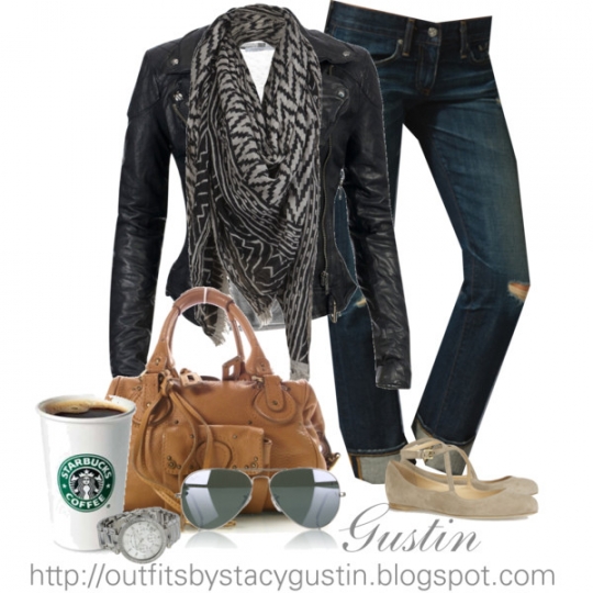 Outfit - leather jacket, destressed jeans, flats, scarf, large handbag 