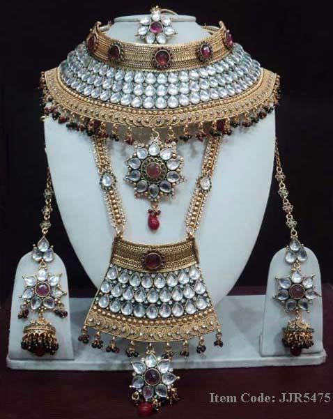 Maroon, Green and Off White Polki Studded Necklace Set