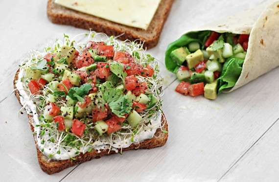 Meatless sandwich with avocado, Greek yogurt, sprouts, tomatoes