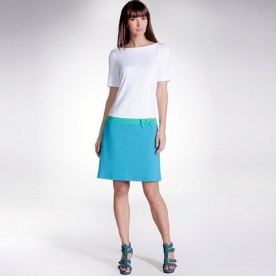 Three-Tone Short-Sleeved Dress with Slash Neckline