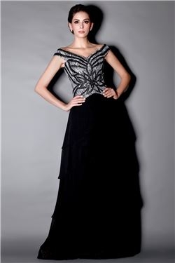 Marvelous Beaded/Sequins Tiered A-Line Off-the-Shoulder Floor-Length Taline s Mother of the Bride Dr
