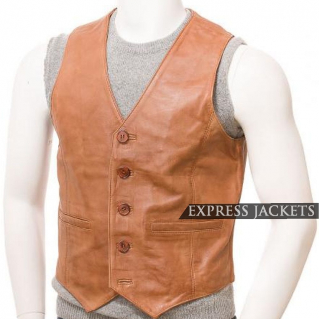 Men's Traditional Orange Leather Waistcoat