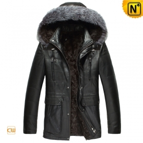 Mens Black Hooded Sheepskin Leather Coat CW868866