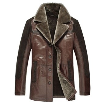 Mens Leather Shearling Coat Brown