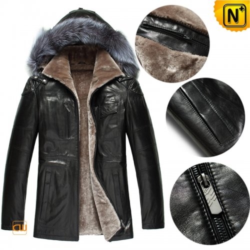 Mens Sheepskin Coat with Fur Hood CW848396
