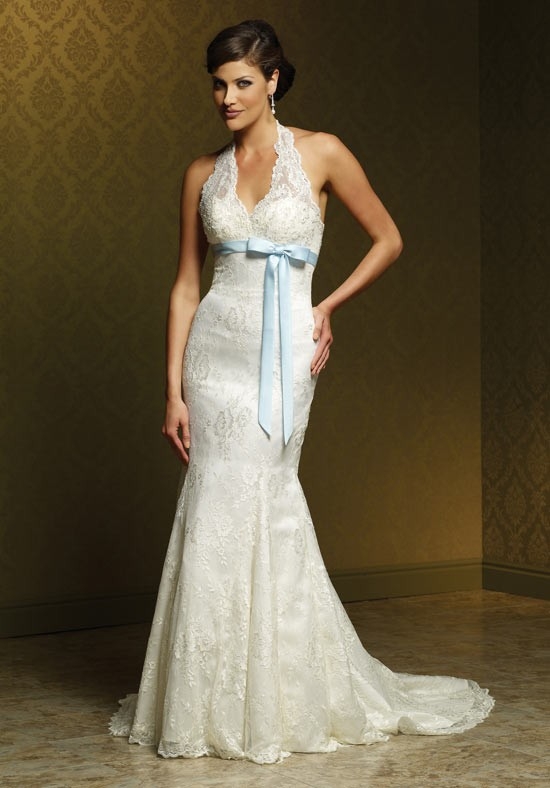 Mermaid Halter Sleeveless Empire Waist Floor Length Attached Lace Satin Wedding Dress