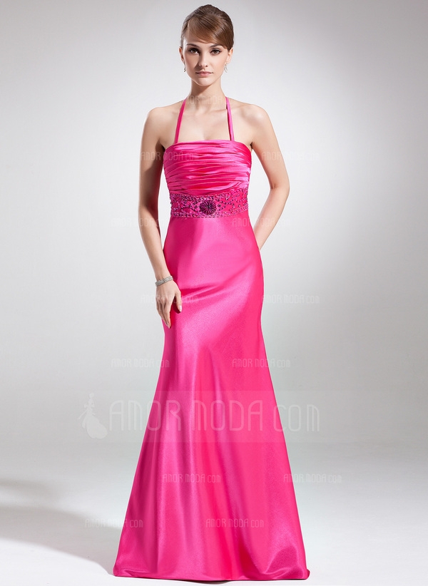 Mermaid Halter Sweep Train Charmeuse Holiday Dress With Ruffle Beading 