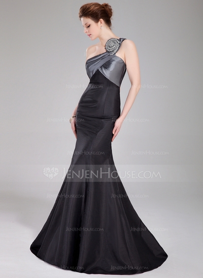 Mermaid One-Shoulder Floor-Length Taffeta Prom Dress With Ruffle Beading - Image 2