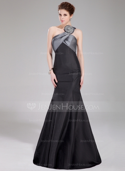Mermaid One-Shoulder Floor-Length Taffeta Prom Dress With Ruffle Beading 