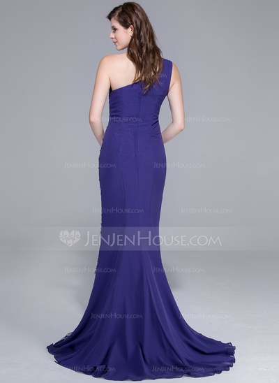 Mermaid One-Shoulder Sweep Train Chiffon Charmeuse Lace Prom Dress With Beading Sequins  - Image 2