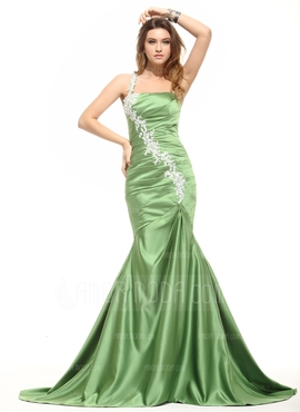 Mermaid One-Shoulder Sweep Train Satin Evening Dress With Ruffle Lace