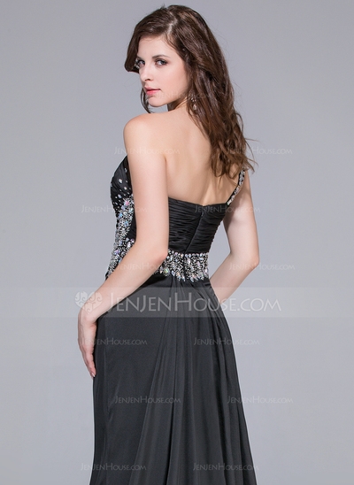 Mermaid One-Shoulder Watteau Train Chiffon Prom Dress With Ruffle Beading 