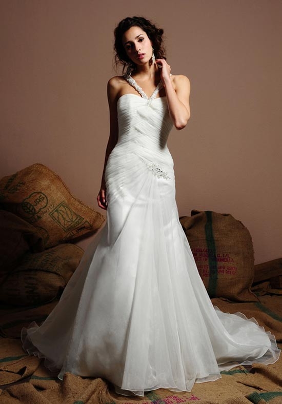 Mermaid Sleeveless Dropped Waist Beading Chapel Train Organza Wedding Dress