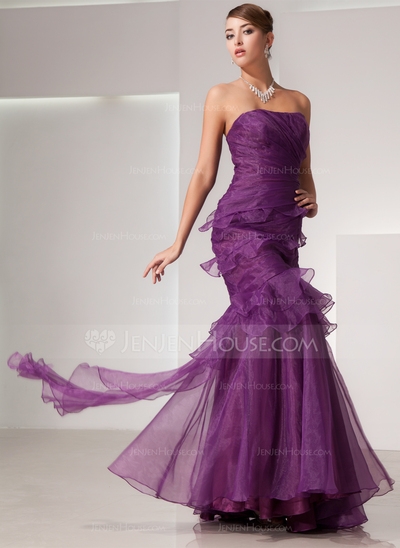 Mermaid Strapless Floor-Length Organza Prom Dress With Ruffle
