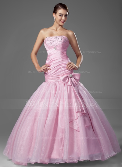 Mermaid Strapless Floor-Length Taffeta Organza Prom Dress With Ruffle Beading Sequins