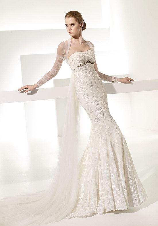 Mermaid Strapless Sleeveless Empire Waist Beading Floor Length Attached Lace Wedding Dress