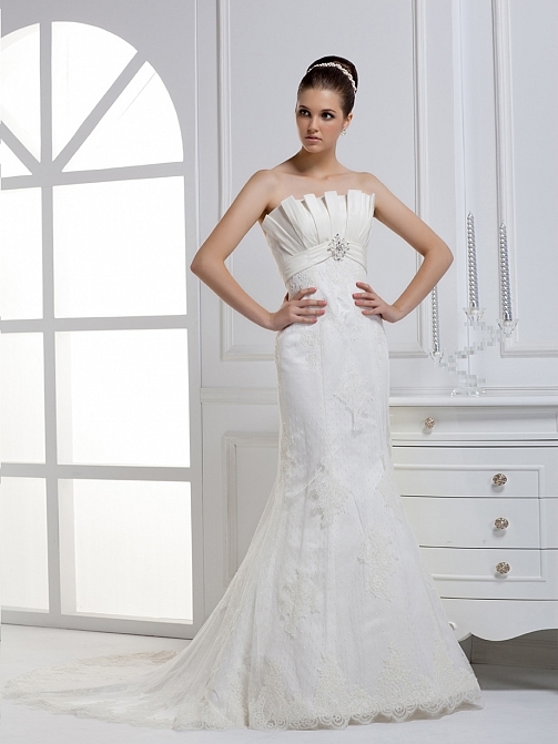 Mermaid Strapless Tulle Empire Floor Length With Appliques Wedding Gown