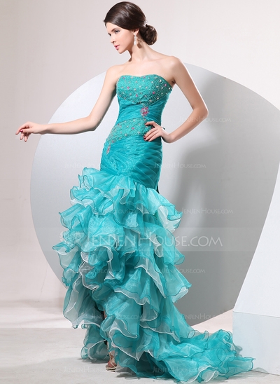 Mermaid Sweetheart Asymmetrical Organza Prom Dress With Ruffle Beading #018014058