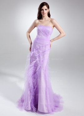 Mermaid Sweetheart Court Train Tulle Prom Dress With Cascading Ruffles