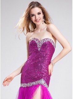 Mermaid Sweetheart Court Train Tulle Sequined Prom Dress With Beading 