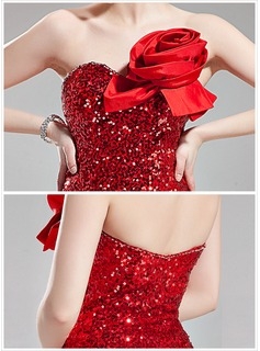 Mermaid Sweetheart Floor-Length Tulle Sequined Prom Dress With Flower(s) #018005082