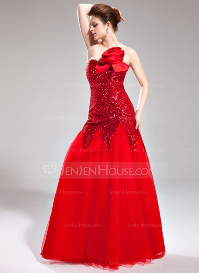 Mermaid Sweetheart Floor-Length Tulle Sequined Prom Dress With Flower(s) #018005082 - Image 2