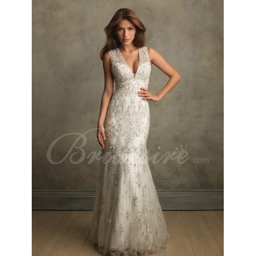 Mermaid / Trumpet Deep V-neck Sleeveless Court Train Satin Organza Wedding Dress