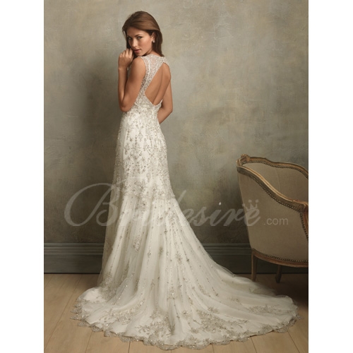 Mermaid / Trumpet Deep V-neck Sleeveless Court Train Satin Organza Wedding Dress - Image 2