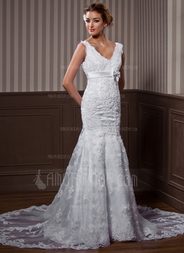 Mermaid V-neck Chapel Train Organza Satin Wedding Dress With Lace Beading Bow