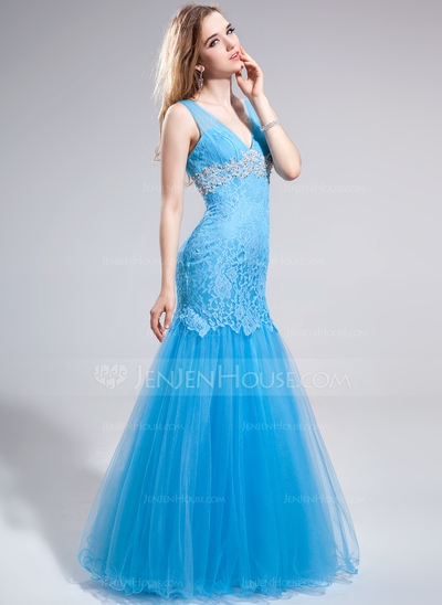 Mermaid V-neck Floor-Length Tulle Lace Prom Dress With Appliques Sequins #018025296