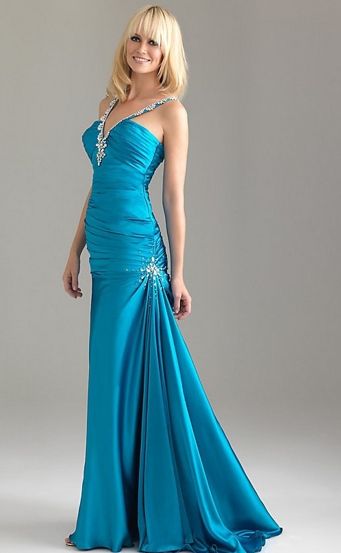 Mermaid V Neck Halter Sleeveless Watteau Train Elastic Silk-like Satin Prom Dress